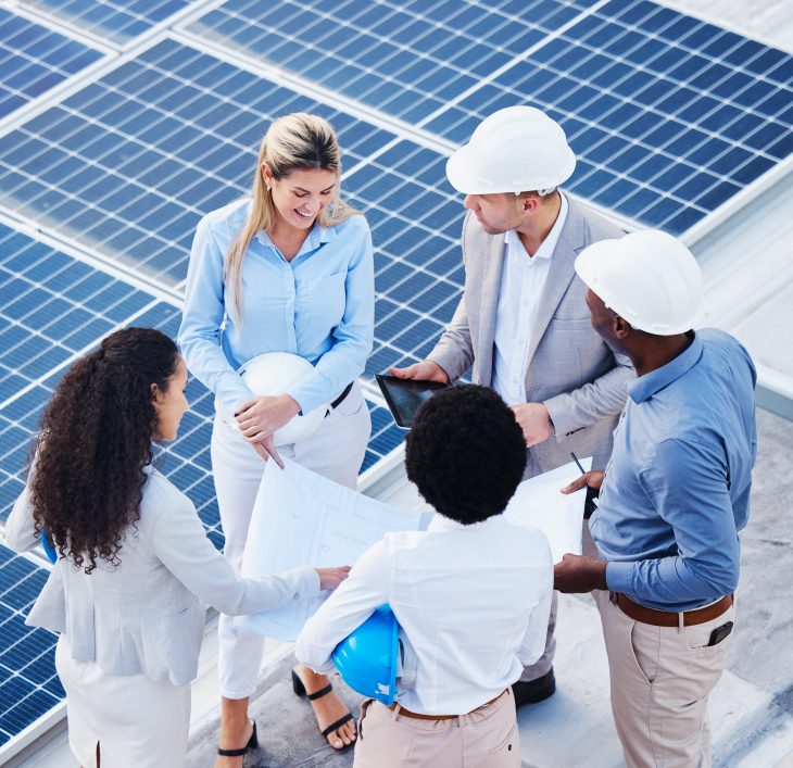 Solar energy, blueprint or engineering team on roof by solar panels for electricity technology inno.